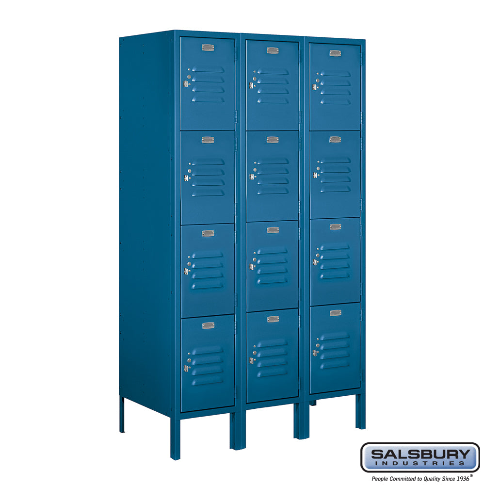 12" Wide Four Tier Standard Metal Locker - 3 Wide - 5 Feet High - 18 Inches Deep - Blue - Assembled