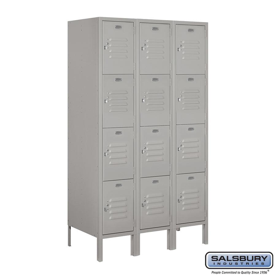 12" Wide Four Tier Standard Metal Locker - 3 Wide - 5 Feet High - 18 Inches Deep - Gray - Assembled