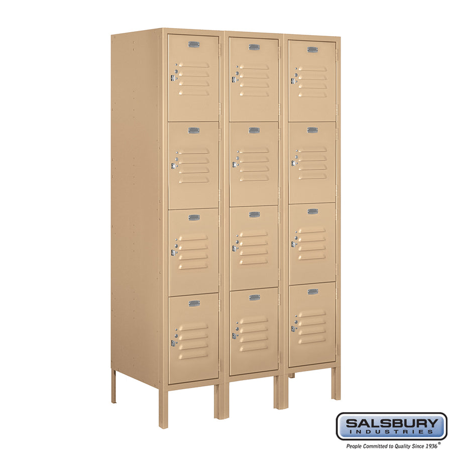 12" Wide Four Tier Standard Metal Locker - 3 Wide - 5 Feet High - 18 Inches Deep - Tan - Unassembled