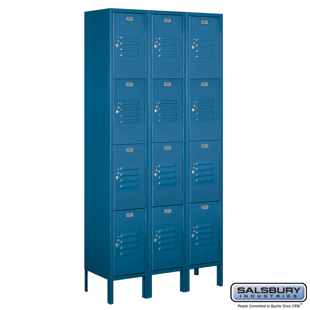 12" Wide Four Tier Standard Metal Locker - 3 Wide - 6 Feet High - 12 Inches Deep - Blue - Assembled