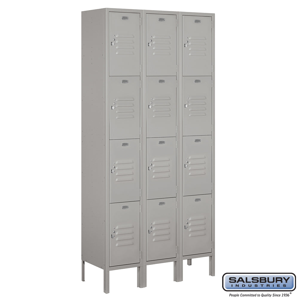 12" Wide Four Tier Standard Metal Locker - 3 Wide - 6 Feet High - 12 Inches Deep - Gray - Assembled