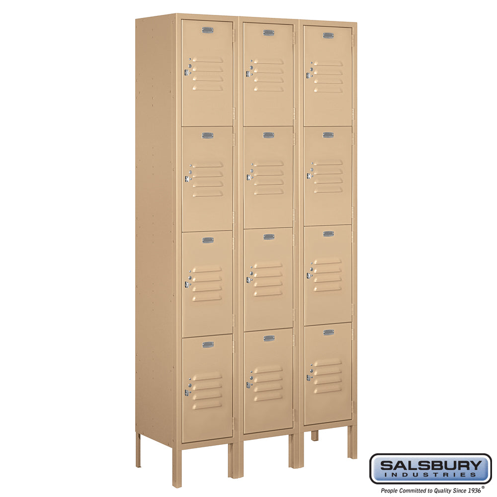 12" Wide Four Tier Standard Metal Locker - 3 Wide - 6 Feet High - 12 Inches Deep - Tan - Assembled