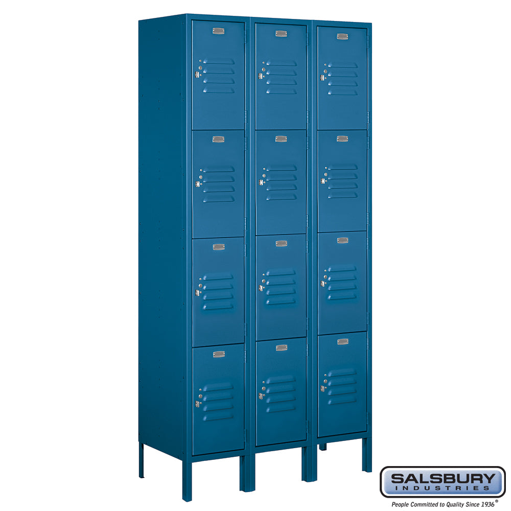 12" Wide Four Tier Standard Metal Locker - 3 Wide - 6 Feet High - 15 Inches Deep - Blue - Assembled