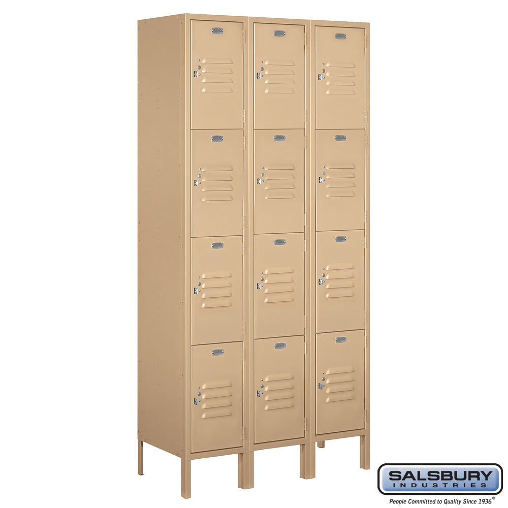 12" Wide Four Tier Standard Metal Locker - 3 Wide - 6 Feet High - 15 Inches Deep - Tan - Assembled