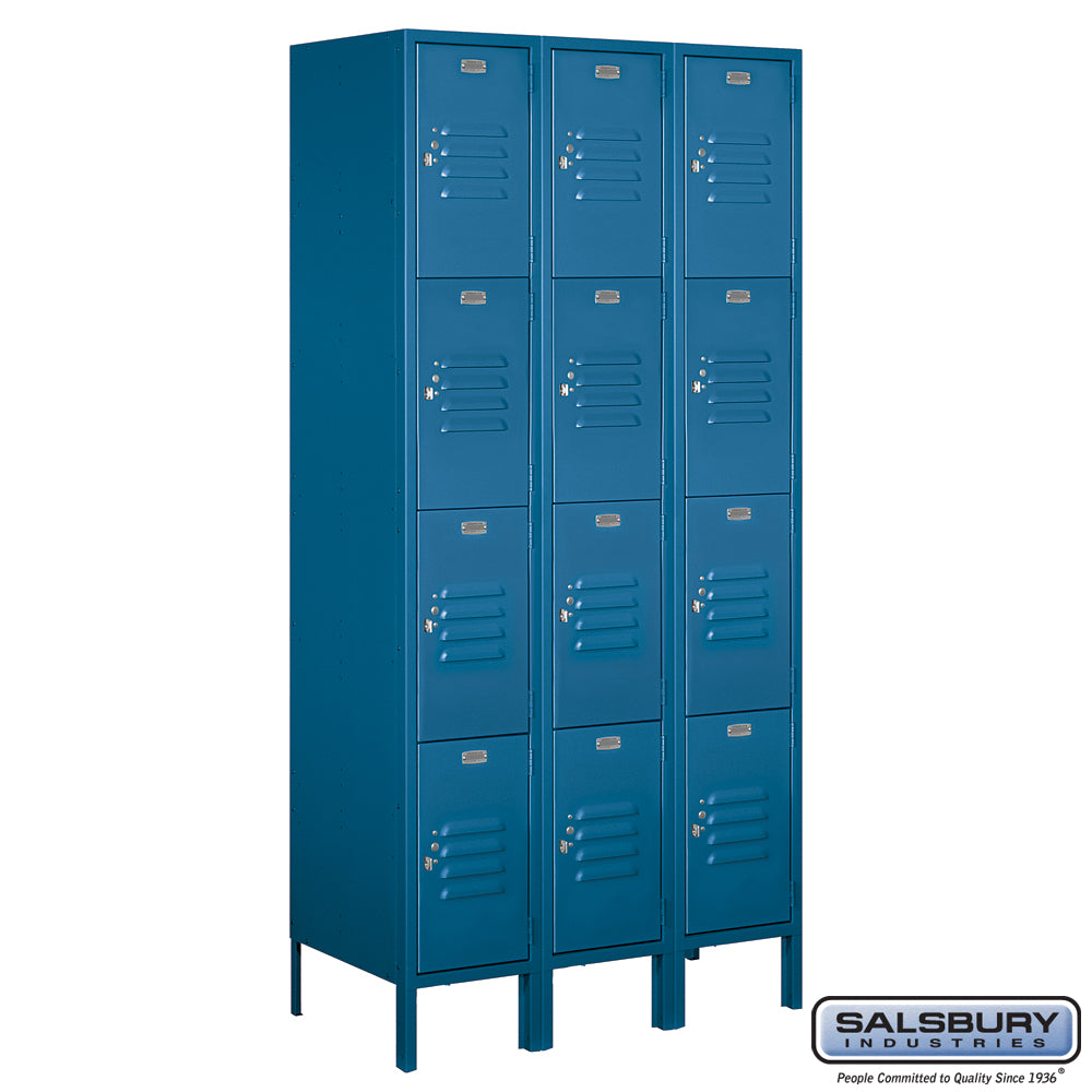 12" Wide Four Tier Standard Metal Locker - 3 Wide - 6 Feet High - 18 Inches Deep - Blue - Assembled