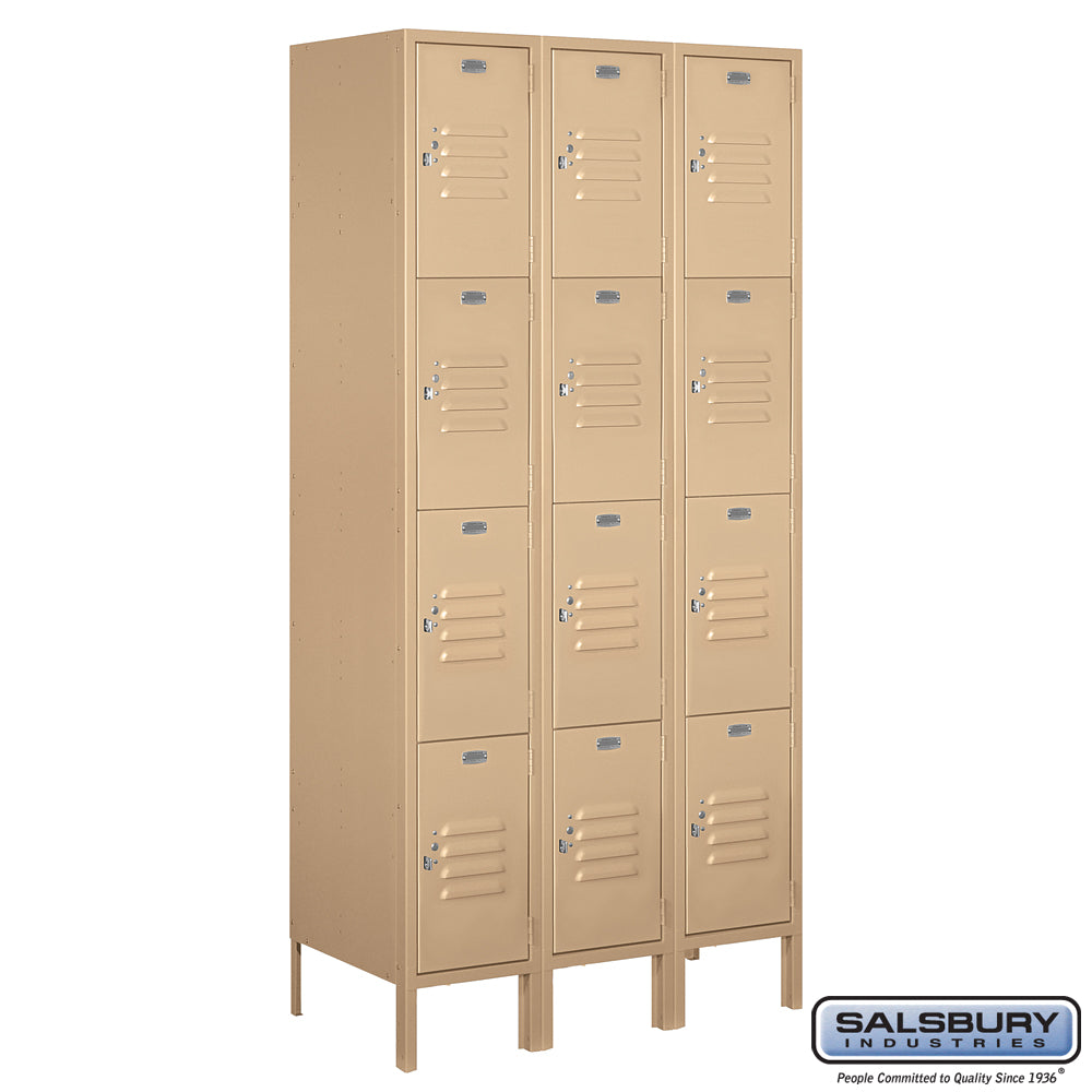 12" Wide Four Tier Standard Metal Locker - 3 Wide - 6 Feet High - 18 Inches Deep - Tan - Assembled