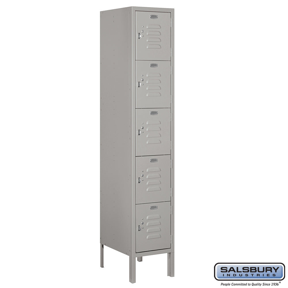 12" Wide Five Tier Box Style Standard Metal Locker - 1 Wide - 5 Feet High - 15 Inches Deep - Gray - Assembled