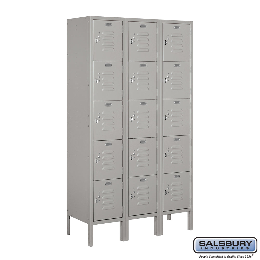 12" Wide Five Tier Box Style Standard Metal Locker - 3 Wide - 5 Feet High - 12 Inches Deep - Gray - Assembled