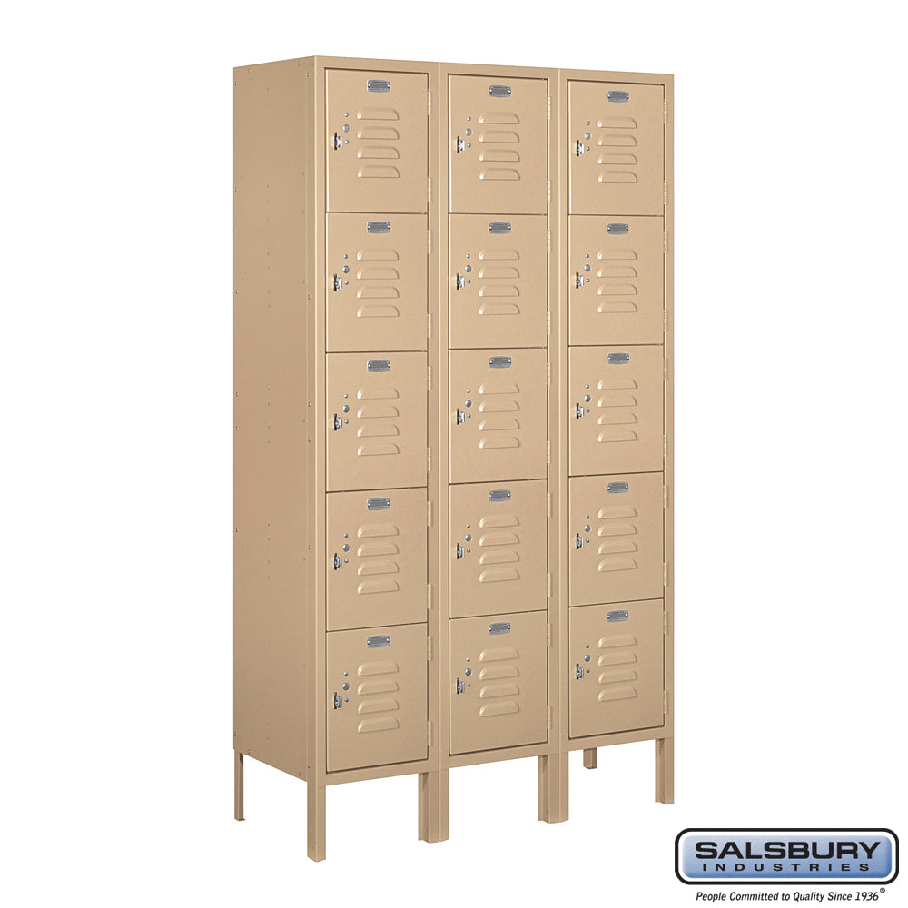12" Wide Five Tier Box Style Standard Metal Locker - 3 Wide - 5 Feet High - 12 Inches Deep - Tan - Assembled