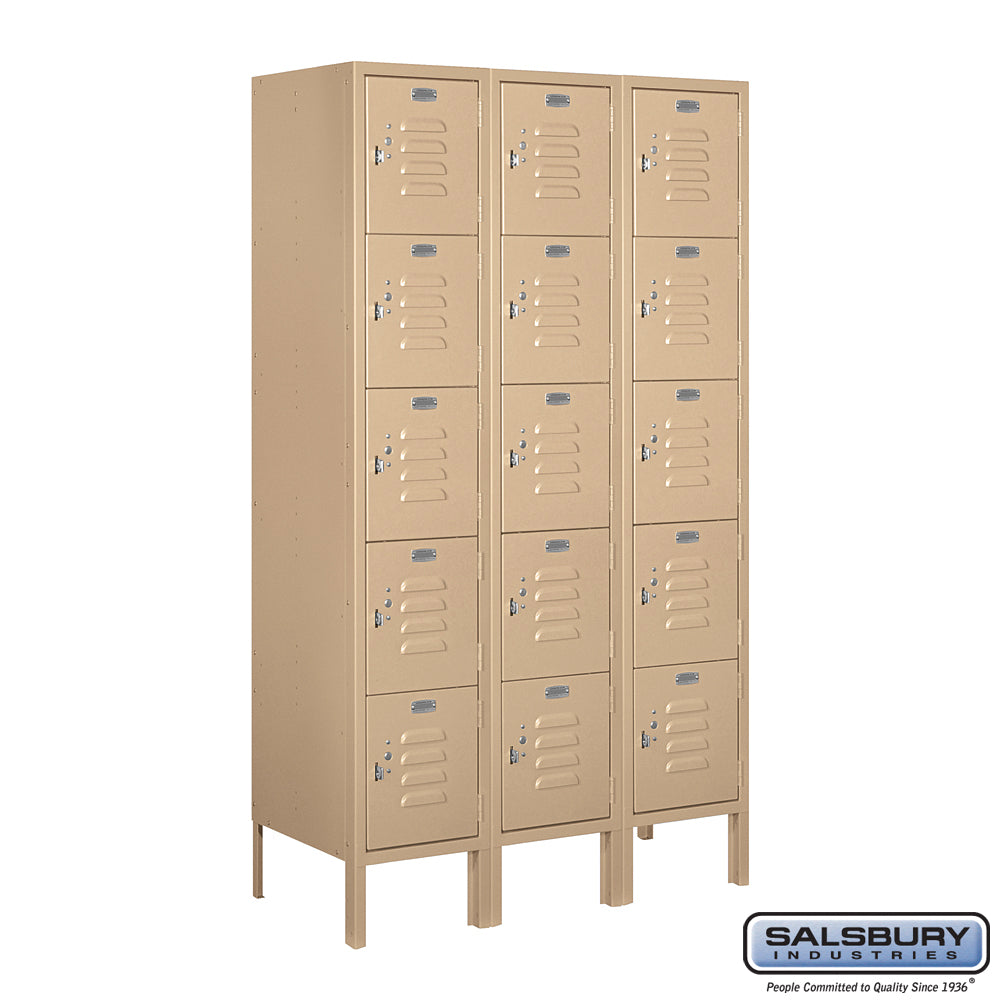 12" Wide Five Tier Box Style Standard Metal Locker - 3 Wide - 5 Feet High - 15 Inches Deep - Tan - Unassembled