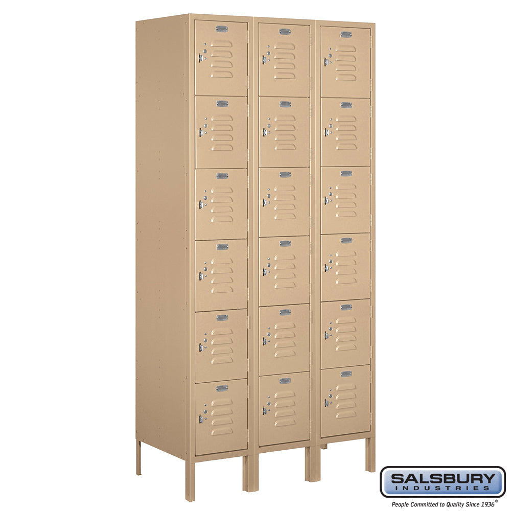 12" Wide Six Tier Box Style Standard Metal Locker - 3 Wide - 6 Feet High - 18 Inches Deep - Tan - Assembled