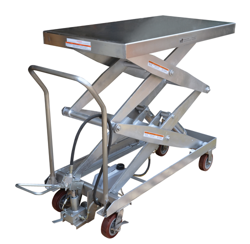 Partially Stainless Steel Air/Hydraulic Scissor Lift Cart 47-1/2 In. x 24 In. Platform With Poly-On-Poly Casters 1,500 Lb. Capacity Silver