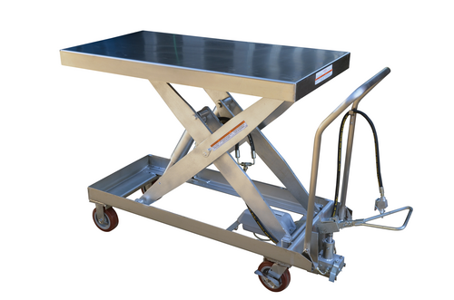 Partially Stainless Steel Air/Hydraulic Scissor Lift Cart 39-1/2 In. x 20 In. Platform With Poly-On-Poly Casters 1,750 Lb. Capacity Silver