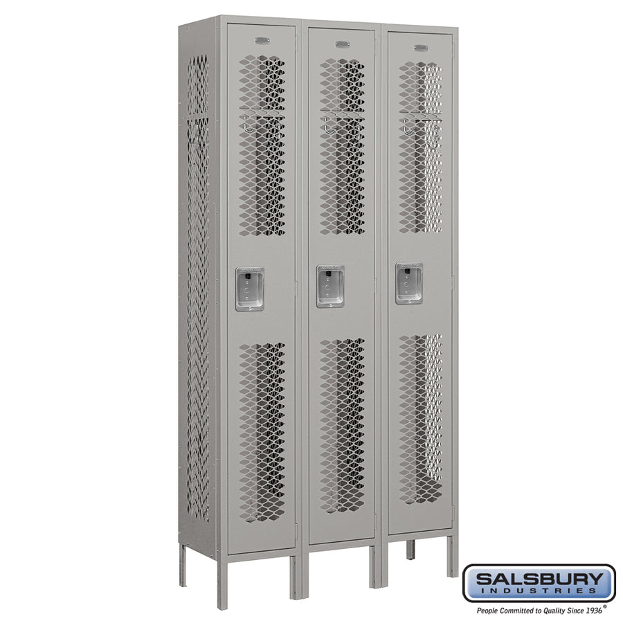 12" Wide Single Tier Vented Metal Locker - 3 Wide - 6 Feet High - 12 Inches Deep - Gray - Unassembled
