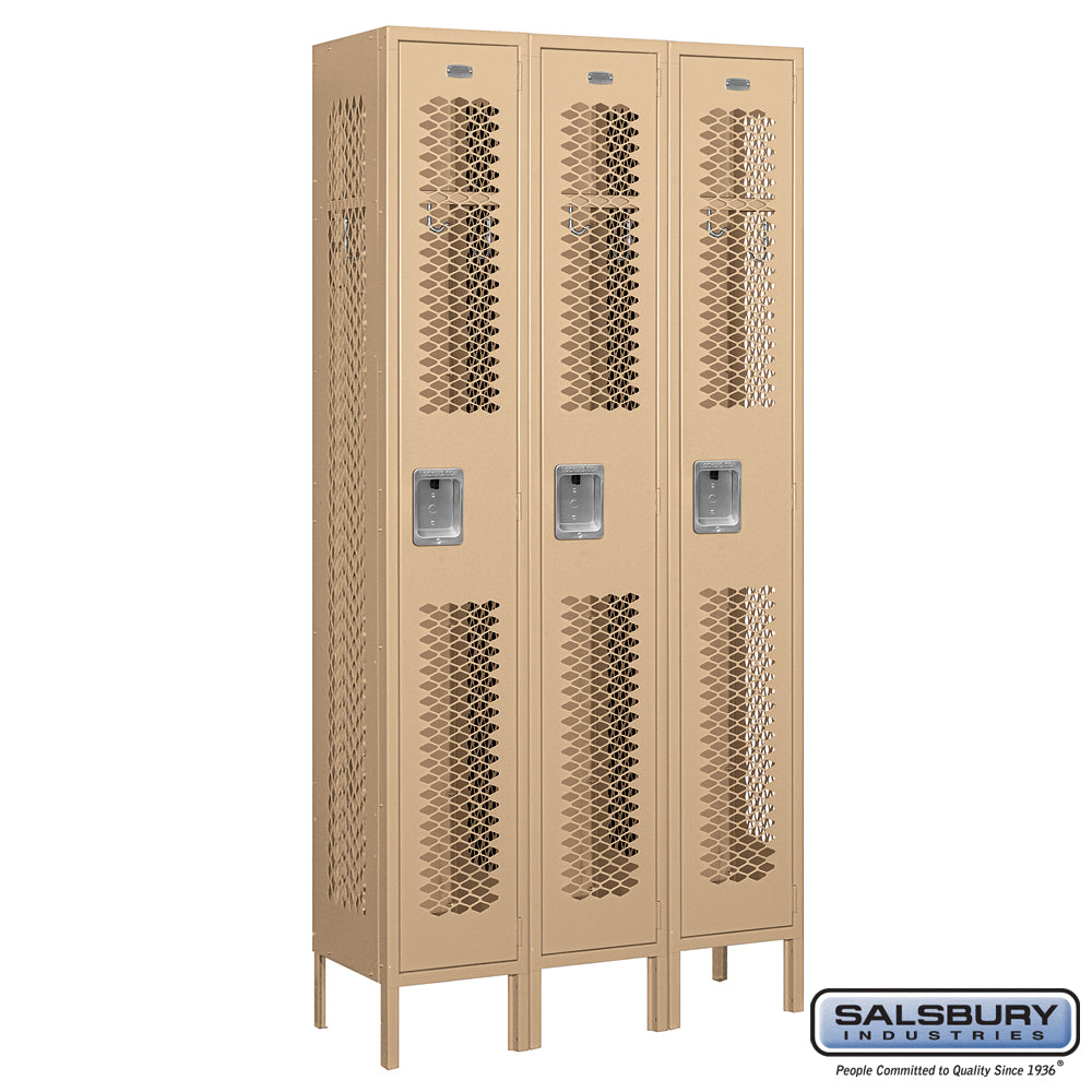 12" Wide Single Tier Vented Metal Locker - 3 Wide - 6 Feet High - 12 Inches Deep - Tan - Assembled