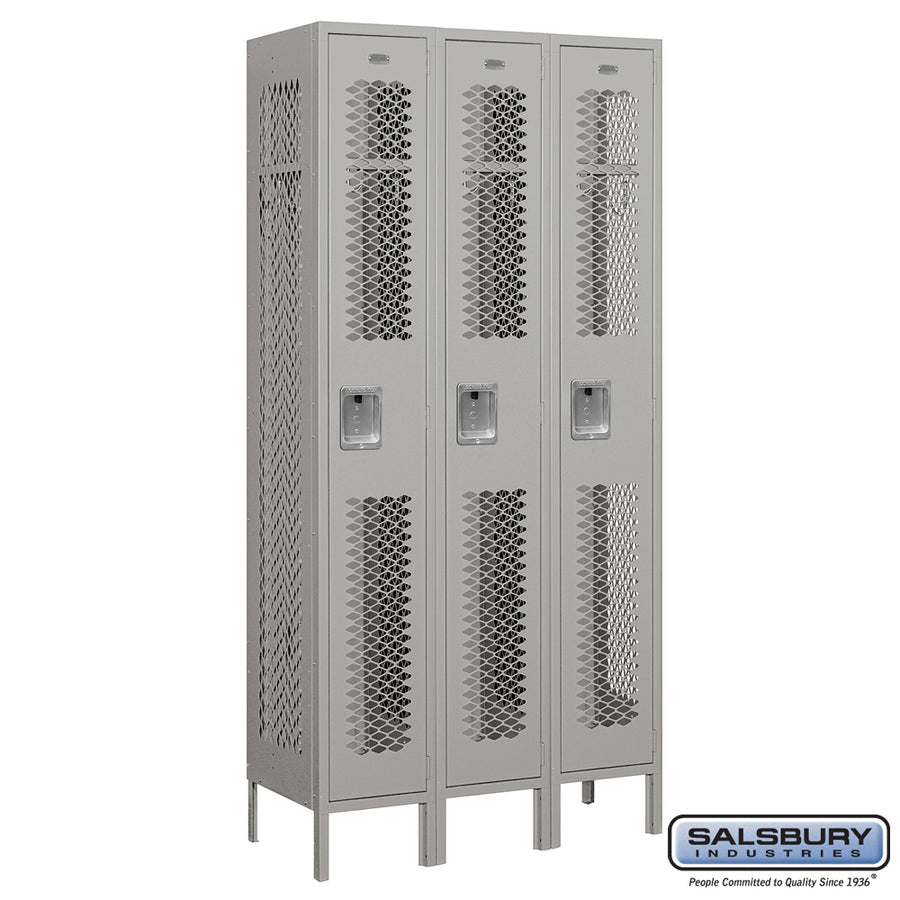 12" Wide Single Tier Vented Metal Locker - 3 Wide - 6 Feet High - 15 Inches Deep - Gray - Unassembled