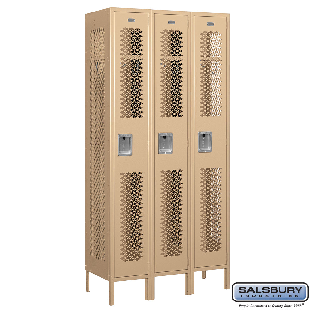 12" Wide Single Tier Vented Metal Locker - 3 Wide - 6 Feet High - 15 Inches Deep - Tan - Assembled