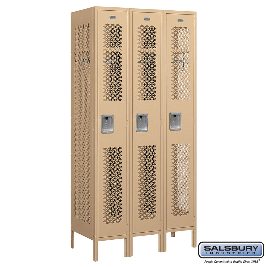12" Wide Single Tier Vented Metal Locker - 3 Wide - 6 Feet High - 18 Inches Deep - Tan - Assembled
