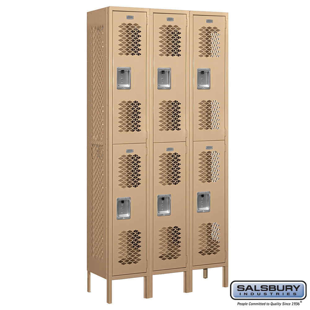 12" Wide Double Tier Vented Metal Locker - 3 Wide - 6 Feet High - 12 Inches Deep - Tan - Assembled