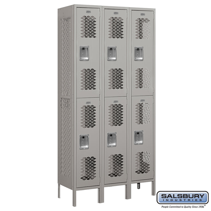 12" Wide Double Tier Vented Metal Locker - 3 Wide - 6 Feet High - 15 Inches Deep - Gray - Assembled
