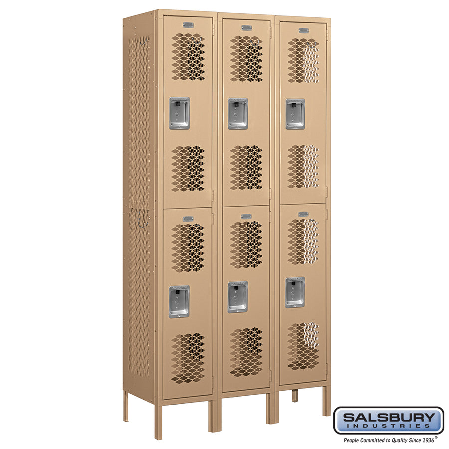 12" Wide Double Tier Vented Metal Locker - 3 Wide - 6 Feet High - 15 Inches Deep - Tan - Assembled