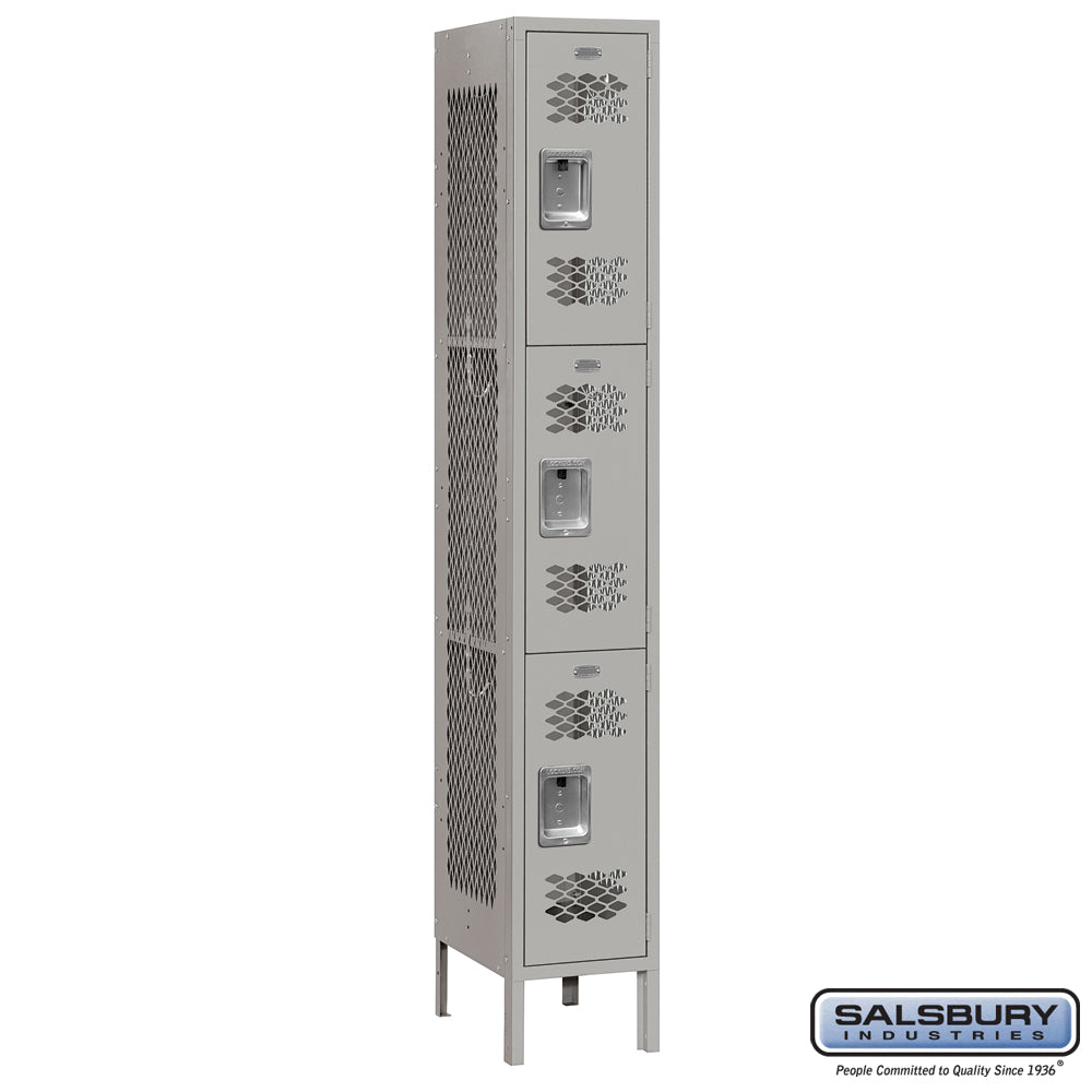 12" Wide Triple Tier Vented Metal Locker - 1 Wide - 6 Feet High - 12 Inches Deep - Gray - Assembled