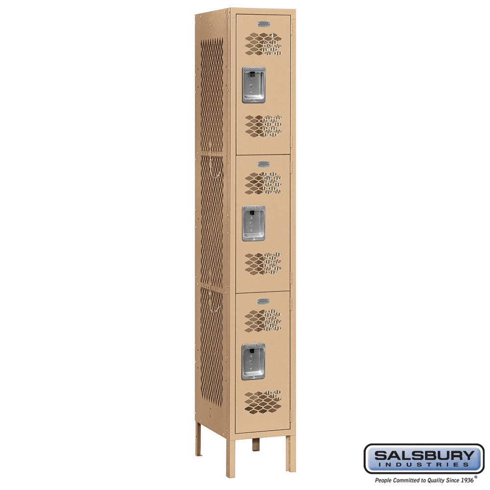 12" Wide Triple Tier Vented Metal Locker - 1 Wide - 6 Feet High - 12 Inches Deep - Tan - Assembled