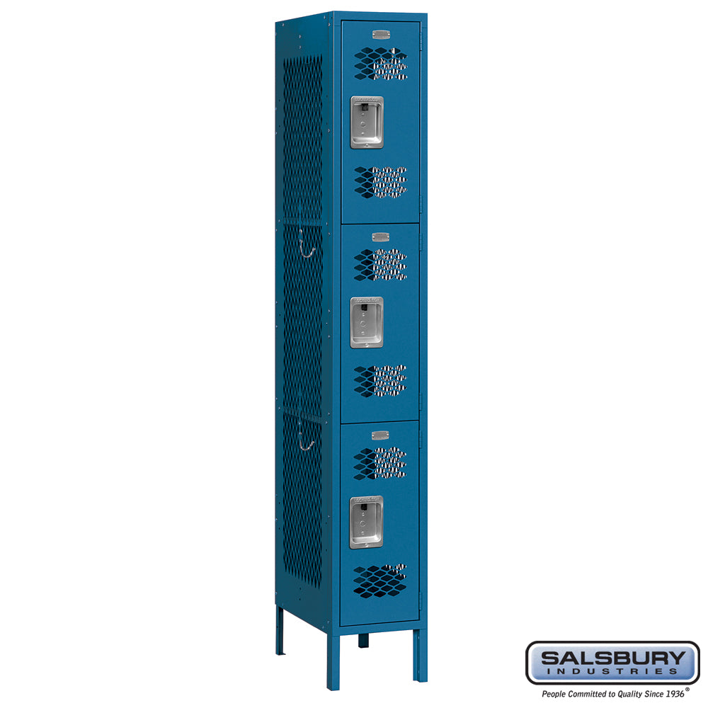 12" Wide Triple Tier Vented Metal Locker - 1 Wide - 6 Feet High - 15 Inches Deep - Blue - Assembled
