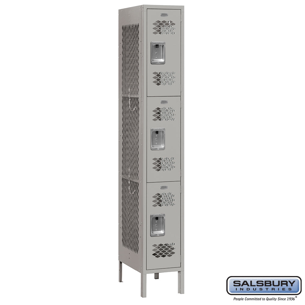 12" Wide Triple Tier Vented Metal Locker - 1 Wide - 6 Feet High - 15 Inches Deep - Gray - Unassembled