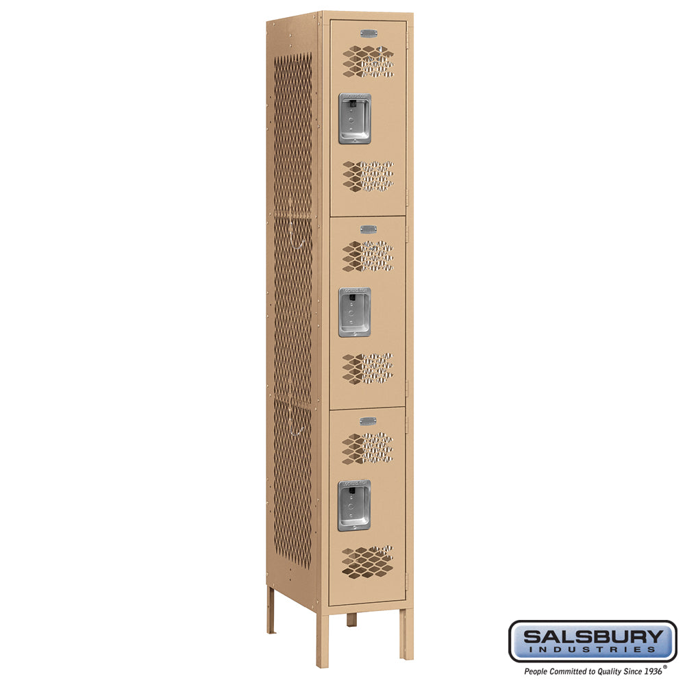 12" Wide Triple Tier Vented Metal Locker - 1 Wide - 6 Feet High - 15 Inches Deep - Tan - Assembled