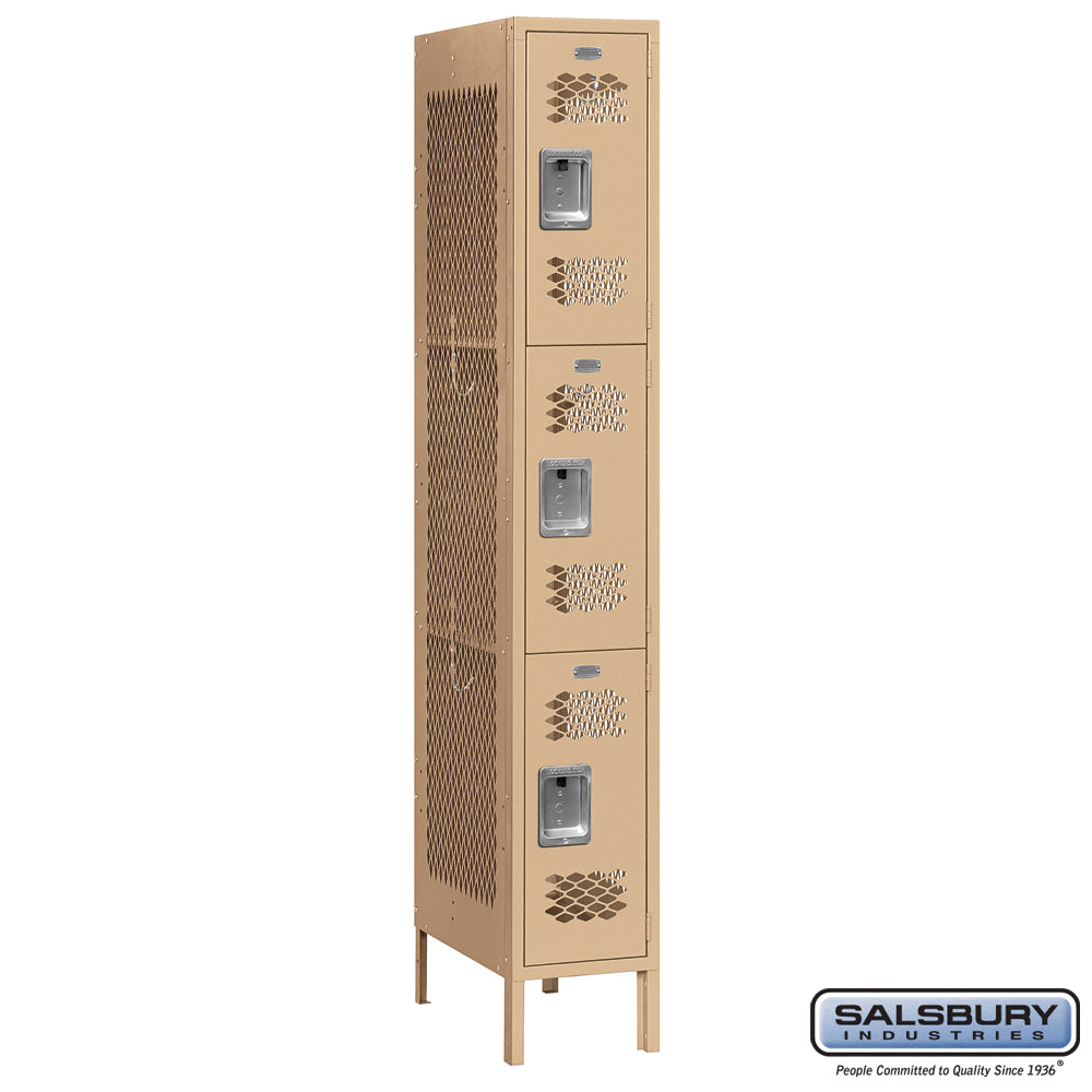 12" Wide Triple Tier Vented Metal Locker - 1 Wide - 6 Feet High - 18 Inches Deep - Tan - Assembled