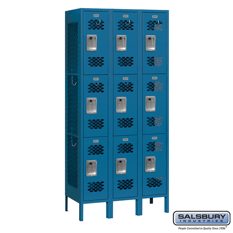 12" Wide Triple Tier Vented Metal Locker - 3 Wide - 6 Feet High - 12 Inches Deep - Blue - Assembled