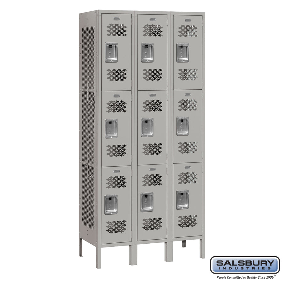 12" Wide Triple Tier Vented Metal Locker - 3 Wide - 6 Feet High - 12 Inches Deep - Gray - Assembled