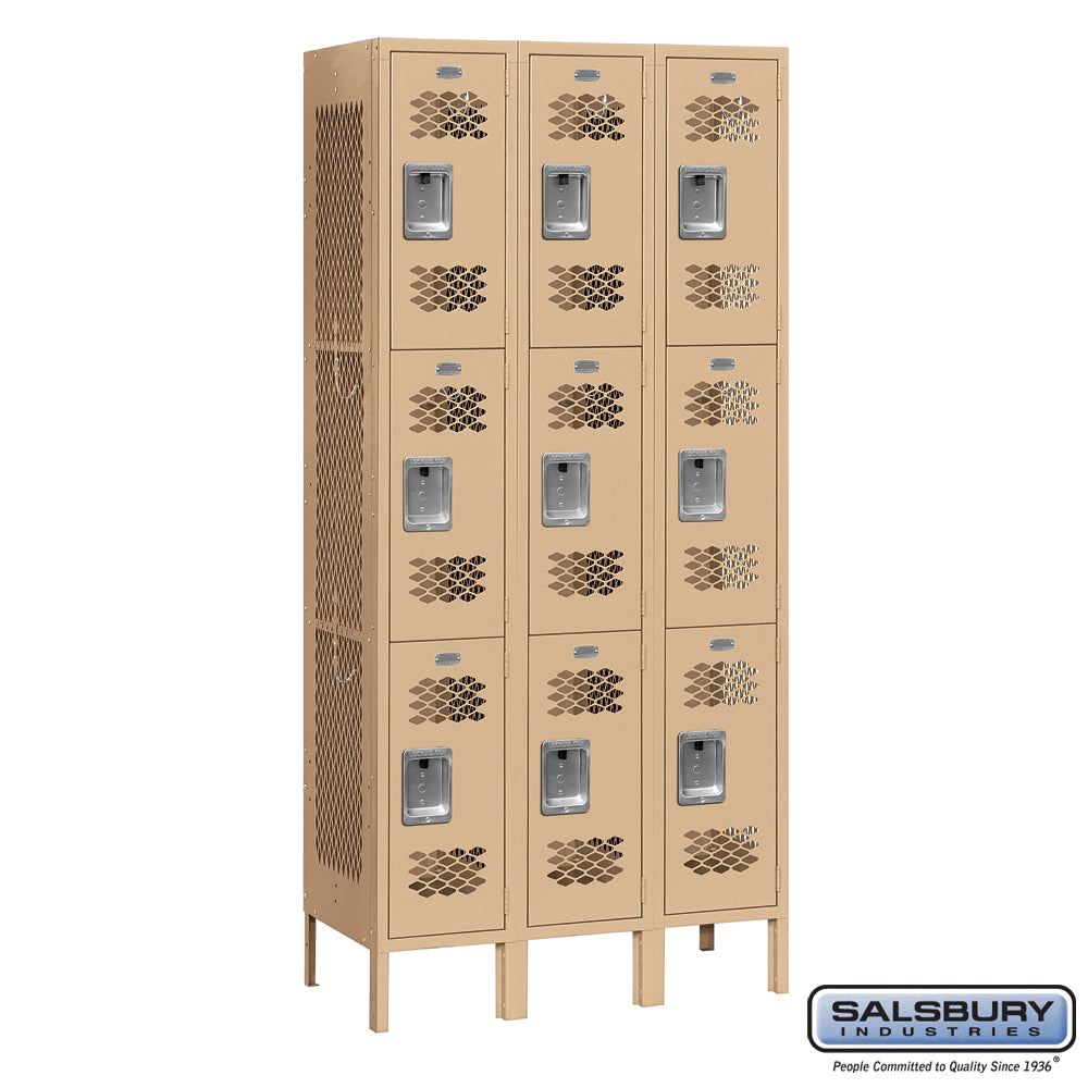 12" Wide Triple Tier Vented Metal Locker - 3 Wide - 6 Feet High - 12 Inches Deep - Tan - Unassembled