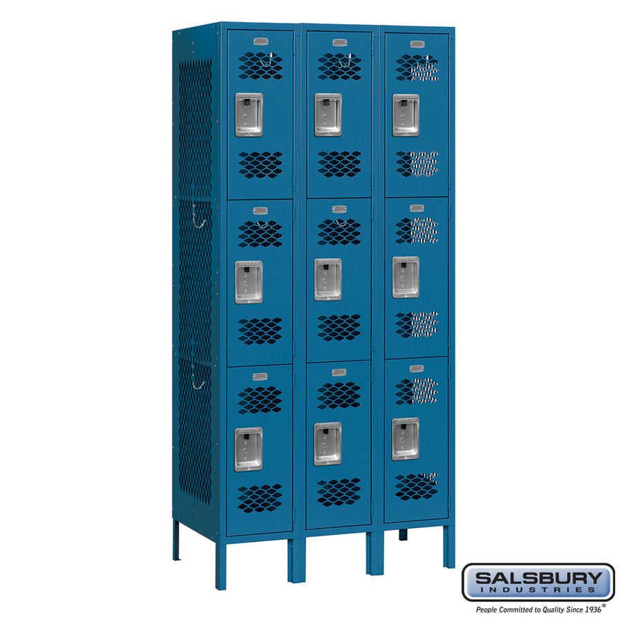 12" Wide Triple Tier Vented Metal Locker - 3 Wide - 6 Feet High - 15 Inches Deep - Blue - Assembled
