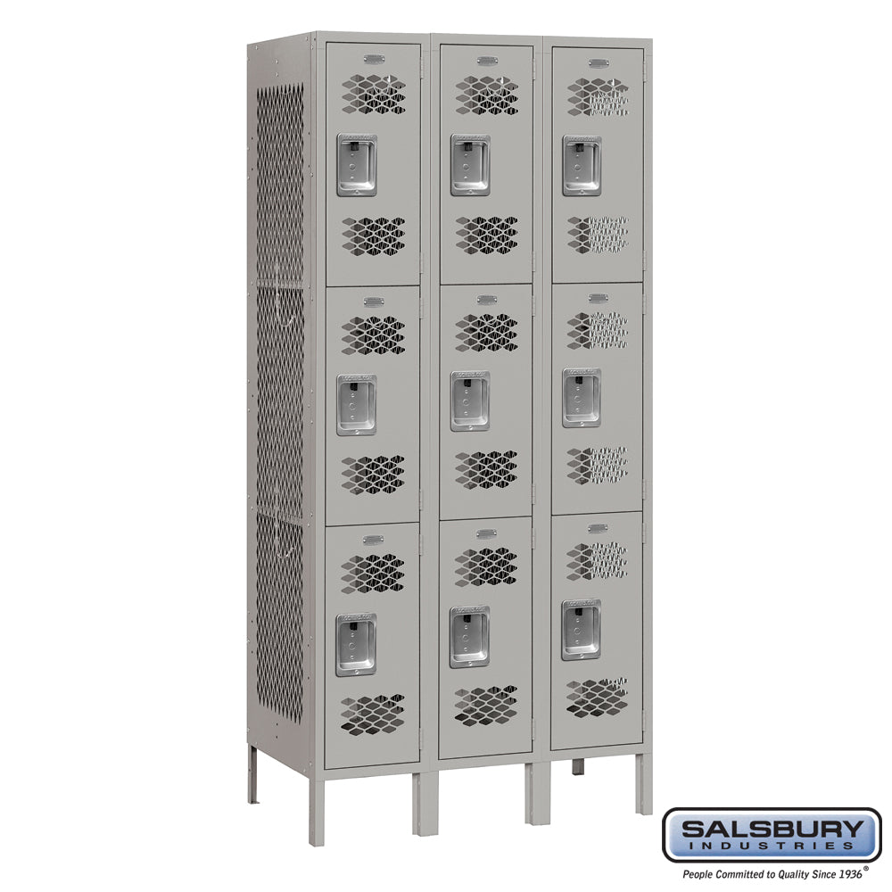 12" Wide Triple Tier Vented Metal Locker - 3 Wide - 6 Feet High - 15 Inches Deep - Gray - Unassembled