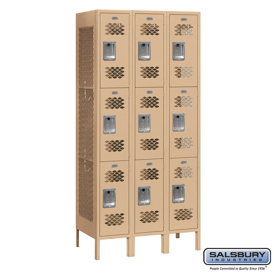 12" Wide Triple Tier Vented Metal Locker - 3 Wide - 6 Feet High - 15 Inches Deep - Tan - Assembled