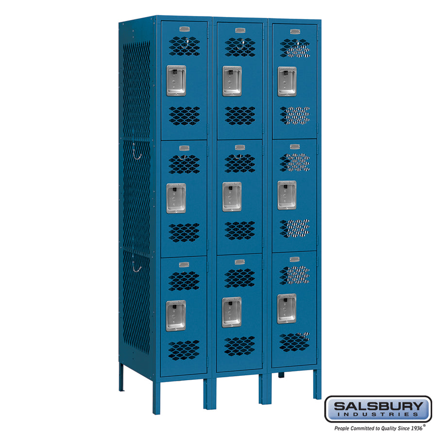 12" Wide Triple Tier Vented Metal Locker - 3 Wide - 6 Feet High - 18 Inches Deep - Blue - Assembled