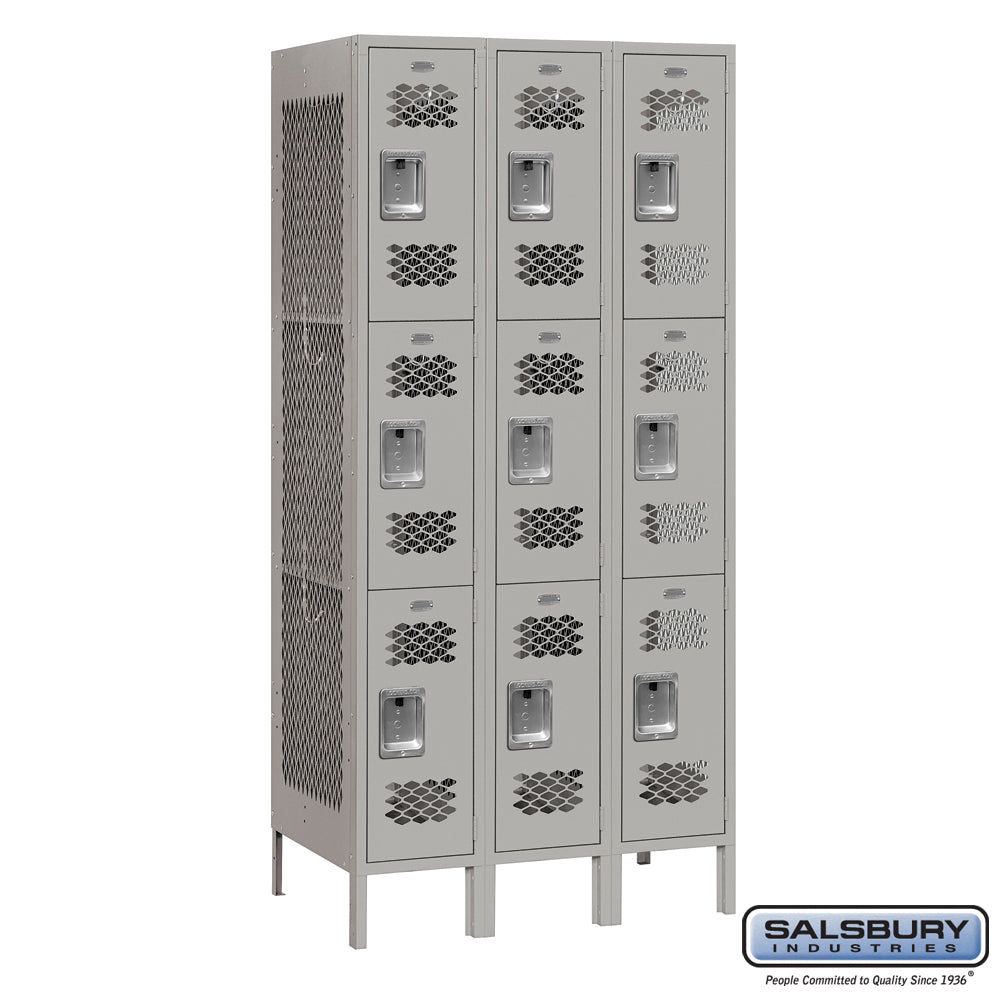 12" Wide Triple Tier Vented Metal Locker - 3 Wide - 6 Feet High - 18 Inches Deep - Gray - Unassembled