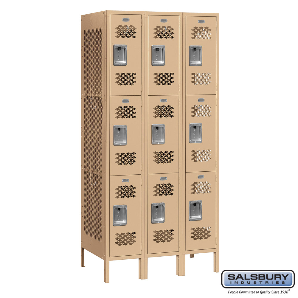 12" Wide Triple Tier Vented Metal Locker - 3 Wide - 6 Feet High - 18 Inches Deep - Tan - Unassembled
