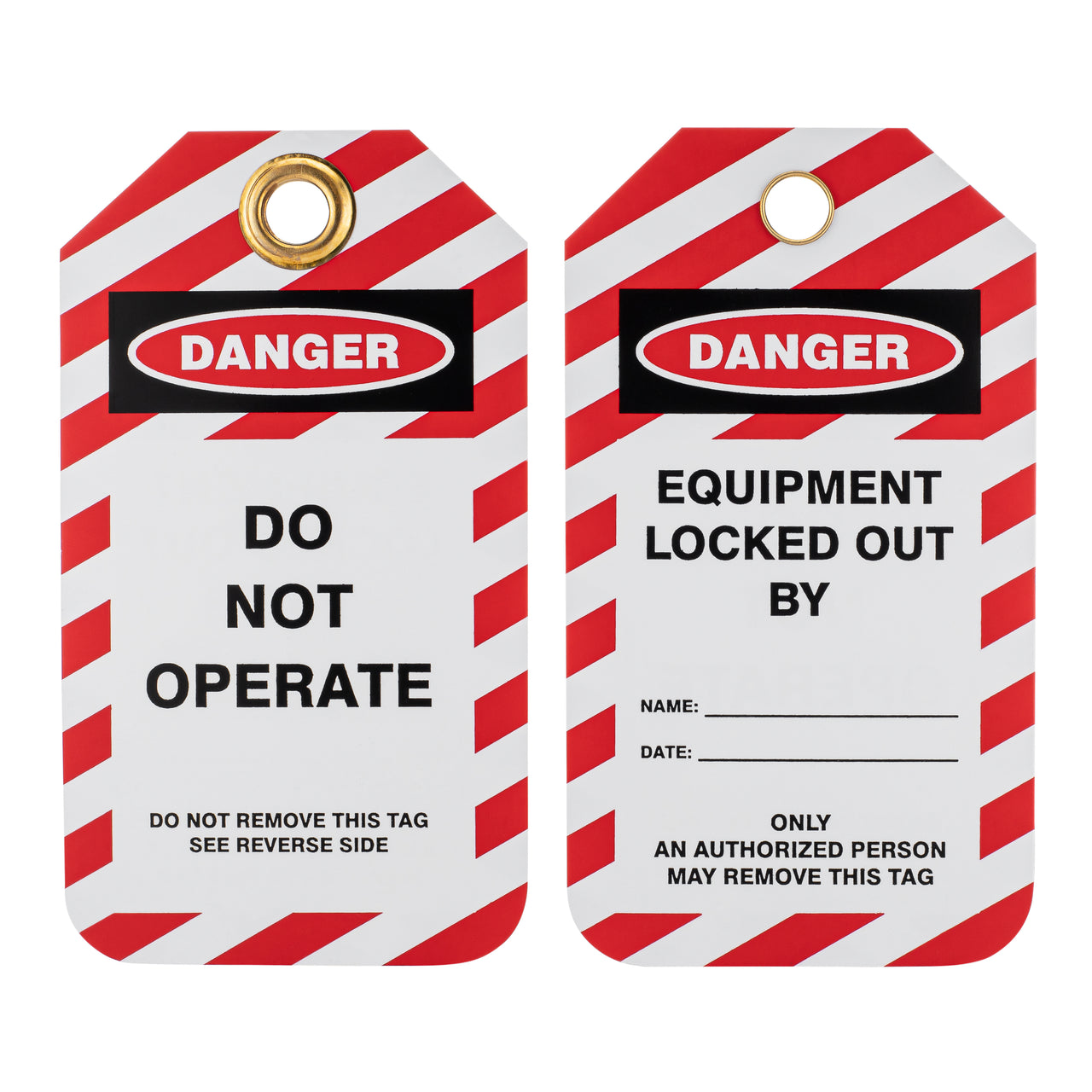 Lockout Tags, Do Not Operate, Plastic w/Brass Grommet - Red-White Striped, 10/Pk