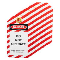 Thumbnail for Lockout Tags, Do Not Operate, Plastic w/Brass Grommet - Red-White Striped, 10/Pk