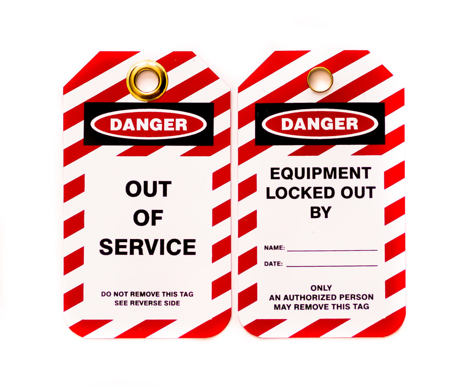 Lockout Tags, Out of Service, Plastic w/Brass Grommet - Red-White Striped , 10/Pk
