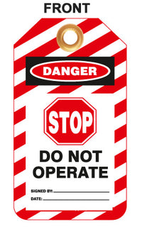 Thumbnail for Lockout Tags, STOP Do Not Operate, Plastic w/Brass Grommet - Red-White Striped , 10/Pk