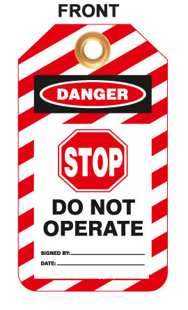 Lockout Tags, STOP Do Not Operate, Plastic w/Brass Grommet - Red-White Striped , 10/Pk
