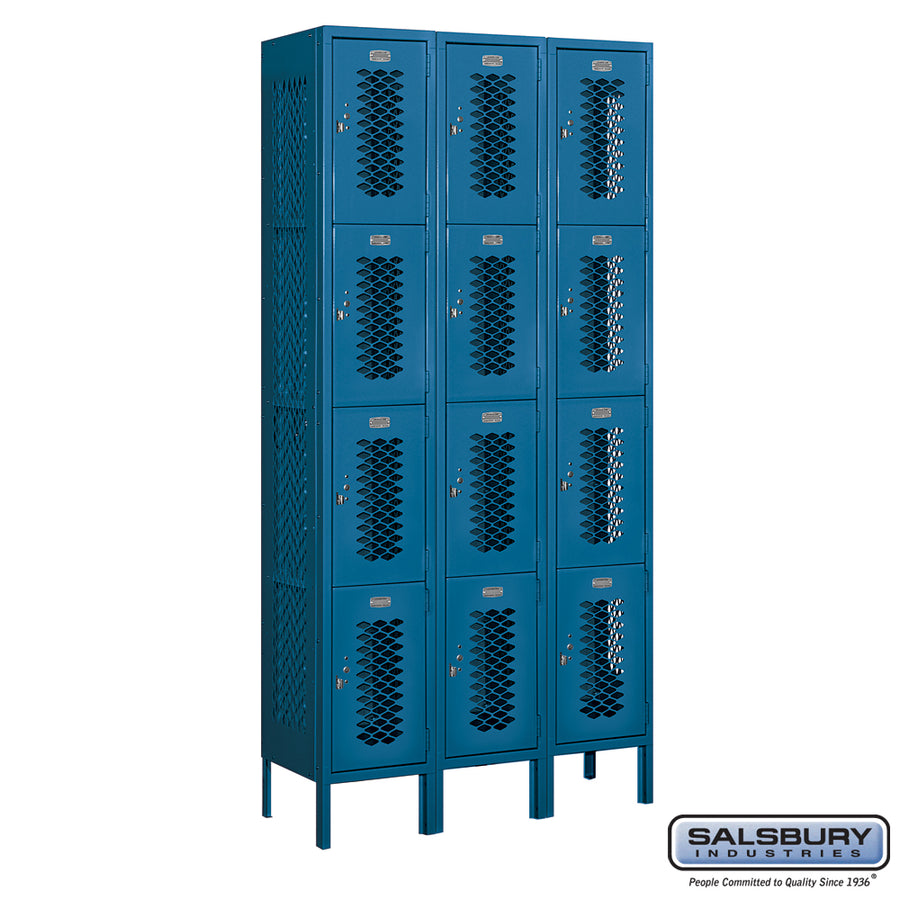 12" Wide Four Tier Vented Metal Locker - 3 Wide - 6 Feet High - 12 Inches Deep - Blue - Unassembled