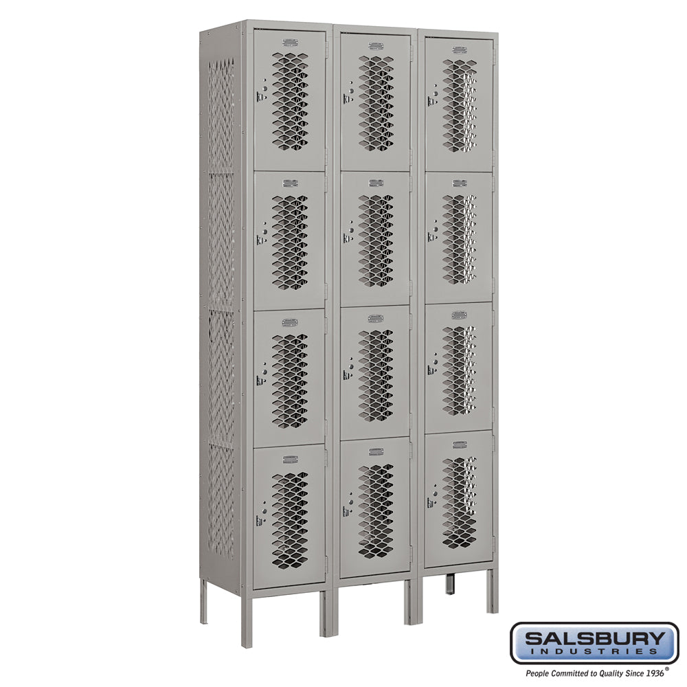 12" Wide Four Tier Vented Metal Locker - 3 Wide - 6 Feet High - 12 Inches Deep - Gray - Assembled