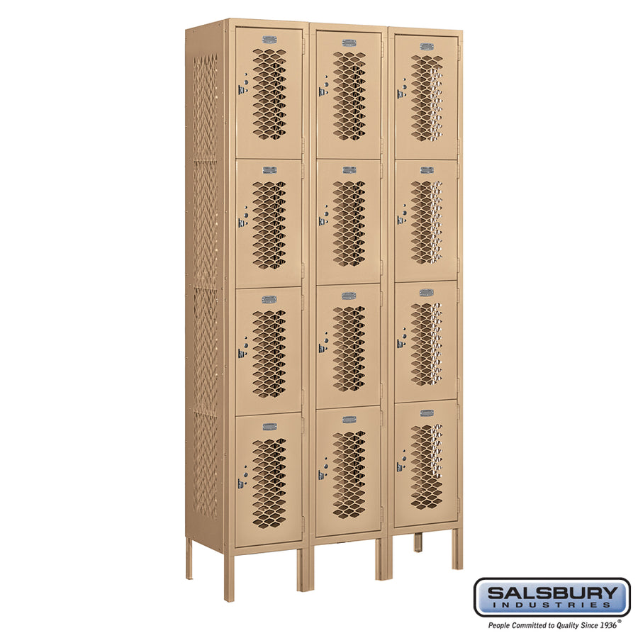 12" Wide Four Tier Vented Metal Locker - 3 Wide - 6 Feet High - 12 Inches Deep - Tan - Unassembled