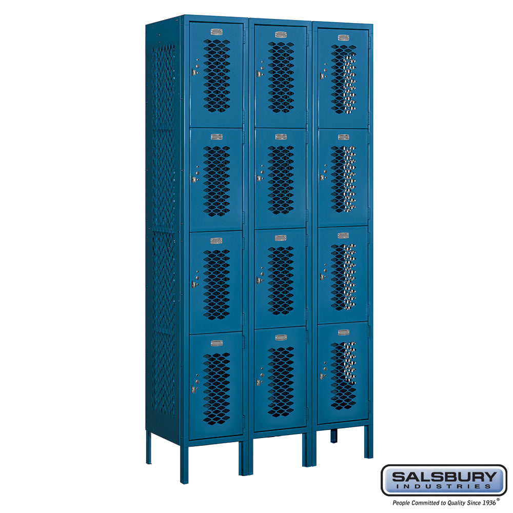 12" Wide Four Tier Vented Metal Locker - 3 Wide - 6 Feet High - 15 Inches Deep - Blue - Assembled
