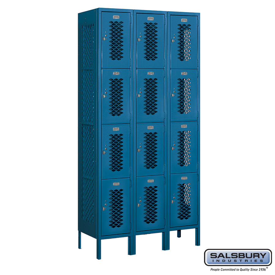 12" Wide Four Tier Vented Metal Locker - 3 Wide - 6 Feet High - 15 Inches Deep - Blue - Unassembled